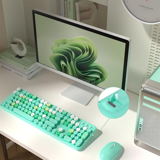 MPTOG Colorful Wireless Computer Keyboard and Mouse Combo with Round Typewriter Keycaps, Retro Design, Power Switch, Ergonomic Design, 2.4GHz Wireless for Windows, Mac, PC(Green-Colorful)