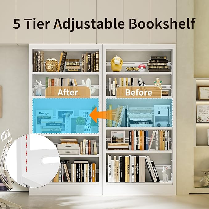 70.9" H Metal Bookshelf, Adjustable Bookcase, 5-Tier Heavy Duty Bookshelf with Bookend, Tall Bookshelves, Bookcase Shelf for Living Room, Office, Library,Classroom (White-72.8W)