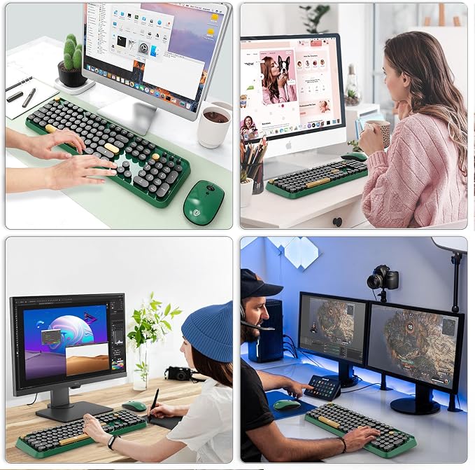 Green Wireless Keyboard and Mouse Combo,Typewriter Keyboard with Round Keys,2.4G Wireless Full Size Colorful Keyboard with Number Pad for Computer Laptop and Desktop