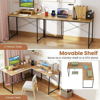 Tangkula L-Shaped Computer Desk with Power Outlets, 95” Long 2-Person Desk with Monitor Shelf, Modern Corner Desk Gaming Table with USB Ports for Home Office