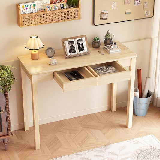 Solid Wooden Desk with Drawers - 39 x 16 Inch Rubberwood Narrow Desks, Simple Modern Study Table, Small Writing Desk for Bedroom|Small Spaces - Natural Boho Desks