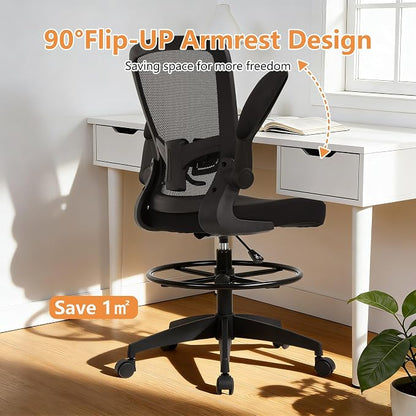 BestOffice Drafting Chair Tall Office Chair Adjustable Height with Lumbar Support Flip Up Arms Footrest Mid Back Task Mesh Desk Chair Computer Chair Drafting Stool for Standing Desk