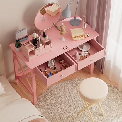 Lewahom Writing Computer Desk with Drawers, Cute Modern Table for Bedrooms, Pink Vanity Table Office Desk with Drawers, Home Computer Desk for Girls Living Room Entryway, Pink