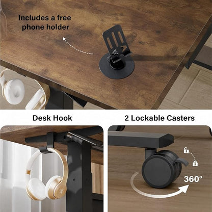 Standing Desk for Walking Pad with Wheels, Pneumatic Cordless Height Adjustable Rolling Desk, Computer Workstation with Drawer Hook Locking Casters for Treadmill Home Office, Dark Wood