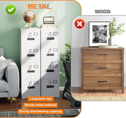4 Drawer File Cabinet with Lock,White Metal Filing Cabinet for Home Office,Vertical File Storage Cabinet with Keys for Letter/A4 Size,14.96" W x 17.72" D x 55.2" H,Assembly Required
