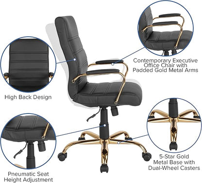 Merrick Lane Milano Contemporary High-Back Black Faux Leather Home Office Chair with Padded Gold Arms