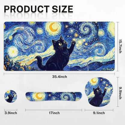 Britimes Cat Blue Moonlight Keyboard Mouse Pad Set Oil Painting Abstract 4in1 Large Mousepad+Keyboard Wrist Rest+Mouse Wrist Rest+Coaster Ergonomic Design for Home Office Computer 35.4x15.7 inches