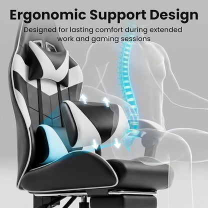 Gaming Chair, Ergonomic Computer Chair with Footrest and Lumbar Support, Height Adjustable Office Chair with 360° Swivel Seat and Headrest (Black & White)