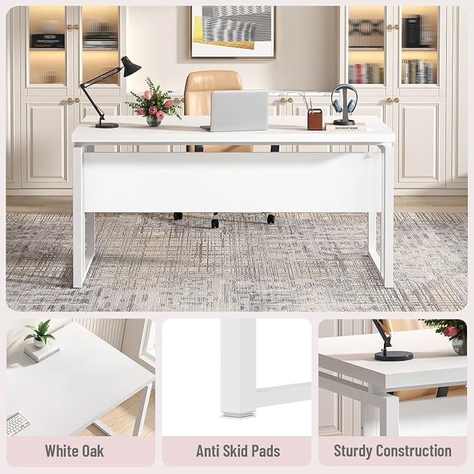 EXCEFUR White Computer Desk, Simple Wood and Metal Home Office Desk, Modern Study Writing Table Workstations for Living Room Bedroom, 53 Inch