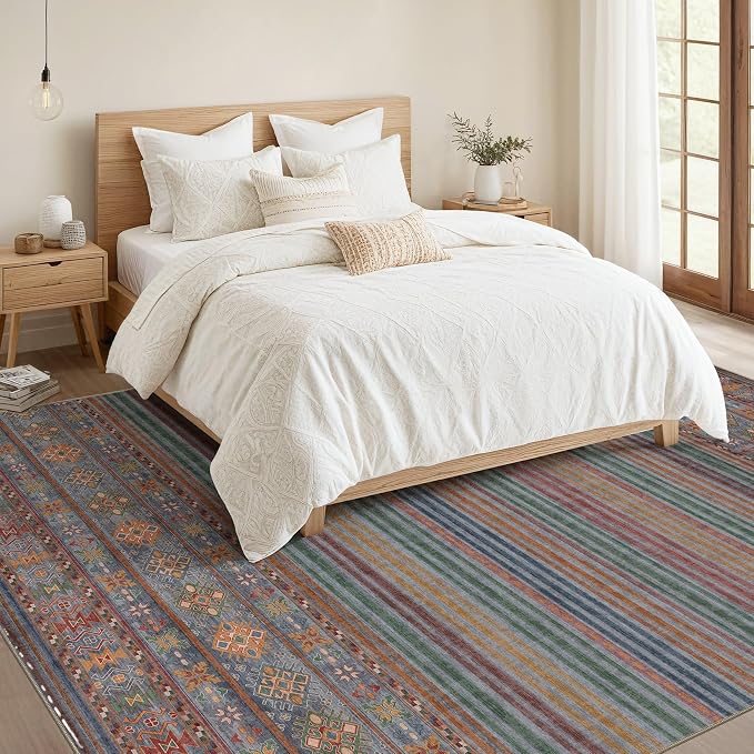 Nakagishi 9X12 Area Rugs Living Room: Washable Large Vintage Rug Neutral Non-Slip Soft Stain Resistant Indoor Carpet for Bedroom Nursery Dining Room Office Playroom - Multi Color