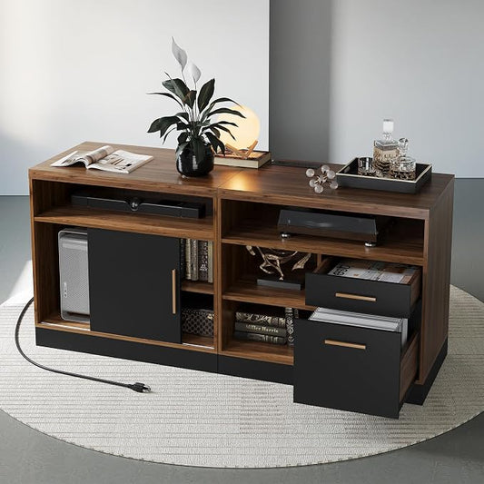 ModernMate Lateral File Cabinet with Lock,Home Office Furniture Storage Cabinet w/2 Drawers for A4 / Letter Documents, Wide Credenza w/Built-in Power Outlet, Fashion TV Stand Organizer Black Walnut