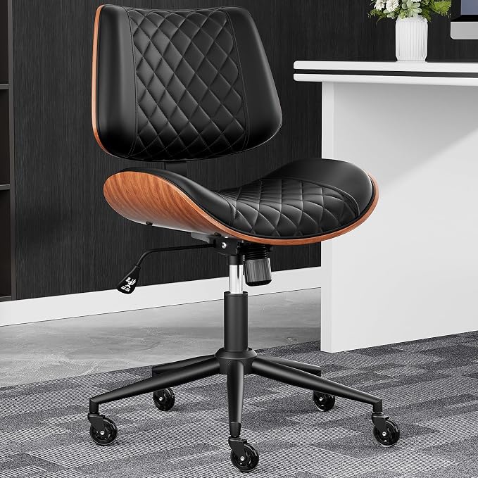 Home Office Desk Chair with Swivel Wheels, Modern PU Leather Armless Office Chair, Small Mid Back Computer Chair for Home Office, Reading Meeting Room (Black, Black Wheels)