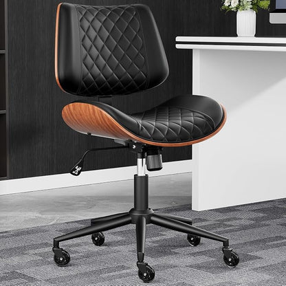 Home Office Desk Chair with Swivel Wheels, Modern PU Leather Armless Office Chair, Small Mid Back Computer Chair for Home Office, Reading Meeting Room (Black, Black Wheels)