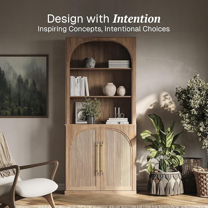 BELLEZE Tall Arched Storage Cabinet with Hutch,Modern Bookcase with Drawers,Freestanding Display Shelf with Fluted Design,Wood Highboard for Living Room,Kitchen Pantry,Home Office - Camel