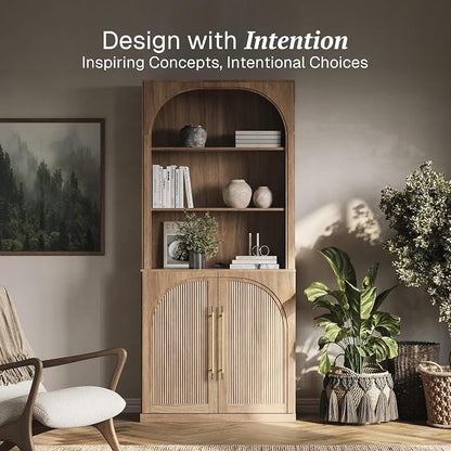 BELLEZE Tall Arched Storage Cabinet with Hutch,Modern Bookcase with Drawers,Freestanding Display Shelf with Fluted Design,Wood Highboard for Living Room,Kitchen Pantry,Home Office - Camel