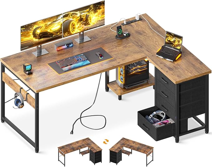 AODK L Shaped Gaming Desk with 4 Drawers, 53" Reversible Home Office Desks with Power Outlets, L Shaped Computer Desk with USB Charging Port and Host Stand, Corner Desk, Easy to Assemble, Vintage