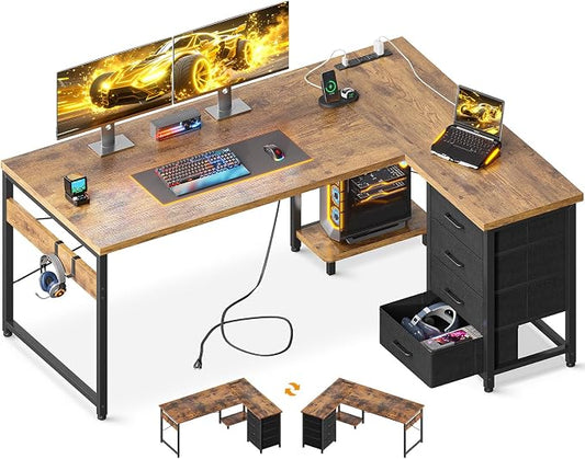 AODK L Shaped Gaming Desk with 4 Drawers, 53" Reversible Home Office Desks with Power Outlets, L Shaped Computer Desk with USB Charging Port and Host Stand, Corner Desk, Easy to Assemble, Vintage