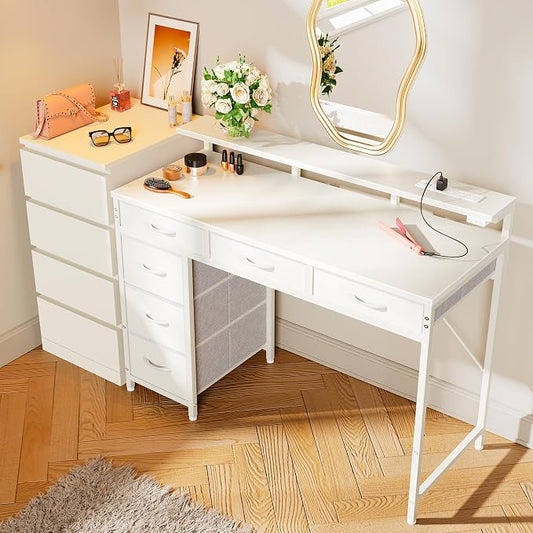Huuger Gaming Desk with 6 Drawers, Computer Desk with LED Lights Power Outlets and Type-C, 39 Inch Office Desk with Storage, Monitor Stand, Writing Work Desk Home Office, Bedroom, White
