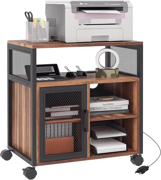Vinsetto Printer Stand Table with Socket and USB Charging Ports, Industrial Mobile File Cabinet with Cable Hole, Wheels, Adjustable Shelf, Filing Cabinet for Home Office, Rustic Brown