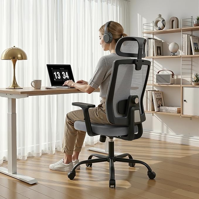 Ergonomic Office Chair, Office Desk Chair with High Back Mesh and Adjustable Lumbar Support, Rolling Work Chairs with Wheels and Adjustable Headrests, Wide Cushion, Set of 4, Grey