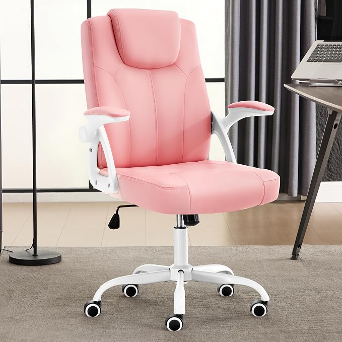 Executive Office Chair, Ergonomic PU Leather Computer Chairs, Executive Breathable Desk Chair with Padded Flip-Up Arms, 360° Swivel Rolling Chair Comfy Padded for Working Studying Gaming (Pink)
