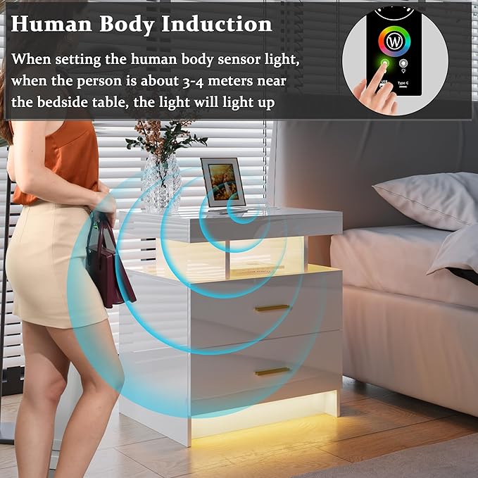 HNEBC Auto LED Nightstand with Wireless Charging Station & USB Ports,High Gloss Bedside Tables with 2 Drawers,Floating Nightstand with 3 Color & Adjustable Brightness for Bedroom,White