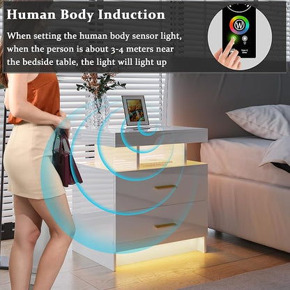 HNEBC Auto LED Nightstand with Wireless Charging Station & USB Ports,High Gloss Bedside Tables with 2 Drawers,Floating Nightstand with 3 Color & Adjustable Brightness for Bedroom,White