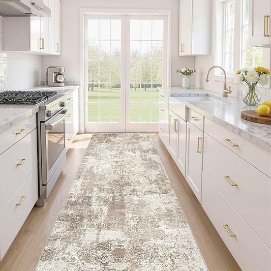 Runner Rug Kitchen Washable Rugs: 2x10 Non-Slip Abstract Soft Modern Stain Resistant Indoor Floor Neutral Accent Throw Carpet for Hallway Bathroom Laundry Room Entryway Bedroom- Beige Brown