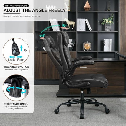 Office Desk Chair,Ergonomic Conference Room Chairs,Mid Back Executive Leather Chair,Comfy Computer Desk Chairs with Adjustable Flip-Up Arms and Rocking Function (Black)