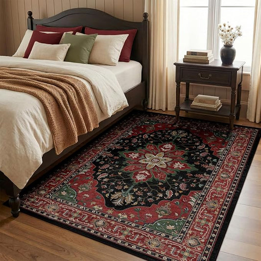 RELEANY Area Rugs 4'x5' Washable Non-Slip, Floral Vintage Distress Medallion Carpet for Living Room Bedroom Dining Room, Red Black