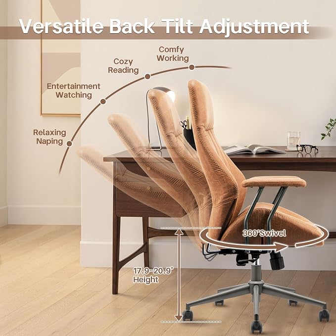 HOOOWOOO Faux Suede Leather Home Office Desk Chair,MCM Modern Ergonomic Task Work Chair,Computer Gaming Chair with Cushion Seat Lumbar Support Reclining High Back for Long Hours(Brown)