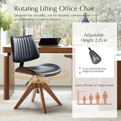 HULALA HOME Faux Leather Home Office Chair with Solid Wood Legs, 360° Swivel Desk Chair No Wheels with Bentwood Design, Mid-Century Modern Wide Seat Computer Task Chair, Navy