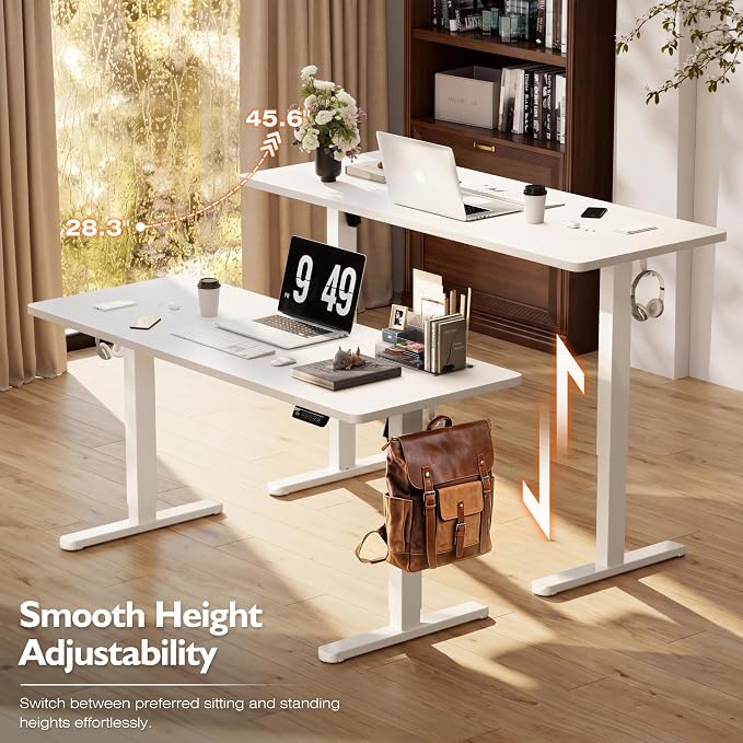 Monomi 55 Inch Electric Standing Desk, Height Adjustable Sit Stand Up, Work Home Office Computer PC Desks, Gaming Writing Study Bedroom Rising Table with Two-Piece Desktop, White