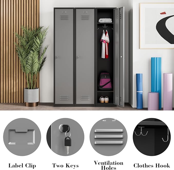 Metal Lockers for Employees,71" Metal Storage Cabinet with Lock,1 Door Steel Storage Locker Cabinet for Home,Gym,School,Office,Garage-Assembly Required(Black Gray)
