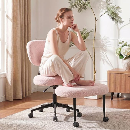 Cross Legged Office Chair with Wheels, 360 Swivel Height-Adjustable Meditation Chair with Lumbar Support, Pink