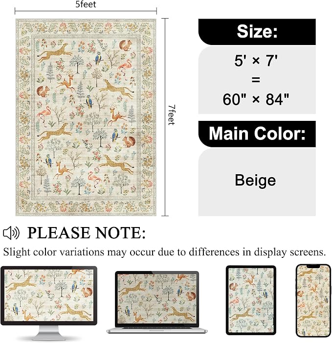 DUKINO 5x7 Rug, Washable Animal Living Room Rug with Non Slip Vintage Design, Soft Low Pile Large Carpet for Bedroom, Nursery, Dining Room, Farmhouse, Playroom, White