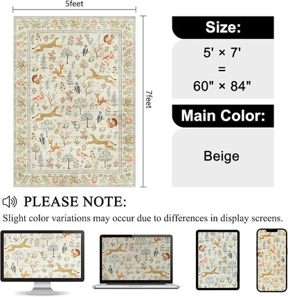 DUKINO 5x7 Rug, Washable Animal Living Room Rug with Non Slip Vintage Design, Soft Low Pile Large Carpet for Bedroom, Nursery, Dining Room, Farmhouse, Playroom, White