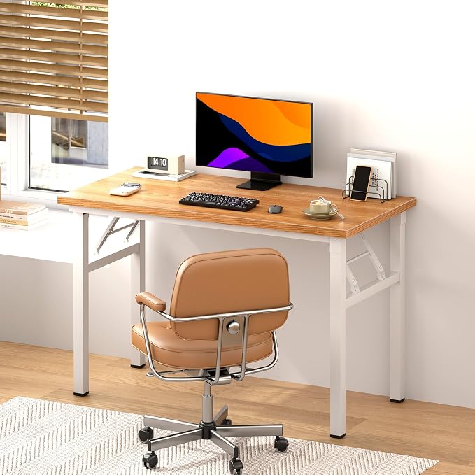 DlandHome 39 inches Folding Table Computer Desk Portable ActivityTable Conference Table Home Office Desk, Fully Assembled Teak and White DND-ND5-100TW
