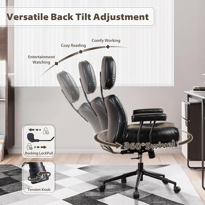 HOOOWOOO Ergonomic Office Chair,Mid Century Modern Computer Desk Chair,Comfy Executive Chair with Extra Wide Tufted Cloudy Seat Lumbar Support High Reclining Back,PU Faux Leather Black