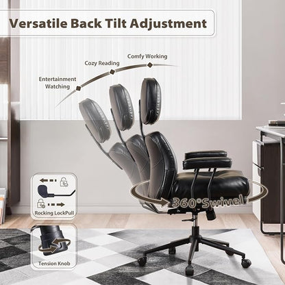 HOOOWOOO Ergonomic Office Chair,Mid Century Modern Computer Desk Chair,Comfy Executive Chair with Extra Wide Tufted Cloudy Seat Lumbar Support High Reclining Back,PU Faux Leather Black