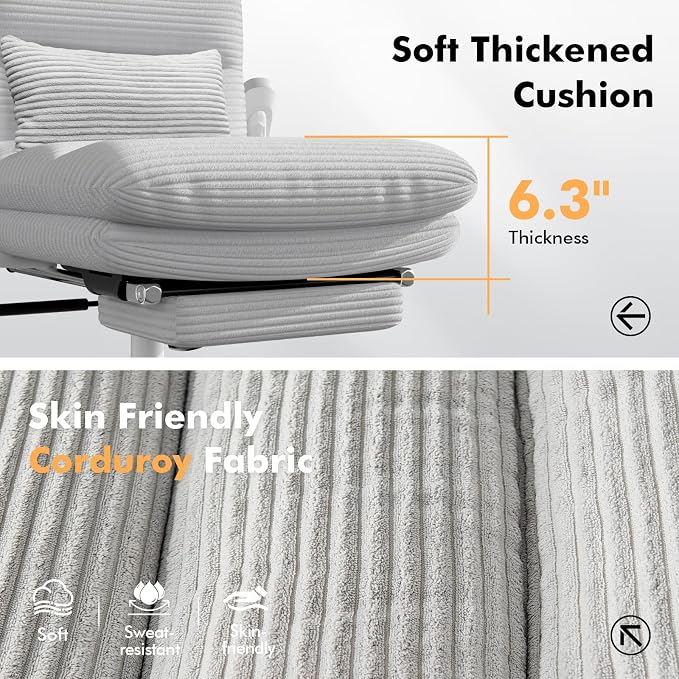 GXJ Criss Cross Legged Office Chair with Flip-up Arms, Footrest, G800 Plus | 6.3" Cushion Relieves Tailbone Pain, Head-Lumbar Support Eases Fatigue, Smooth Rolling Wheels, Corduroy Desk Seating, Grey