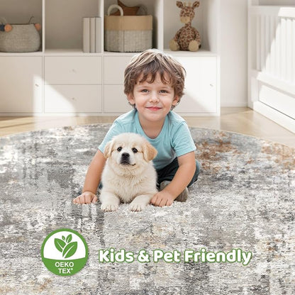 8ft Round Rug Living Room Rugs: 8x8 Washable Circle Large Abstract Modern Soft Stain Resistant Non-Slip Indoor Floor Carpet for Bedroom Nursery Office Dining Room Playroom Home House- Gray Rust