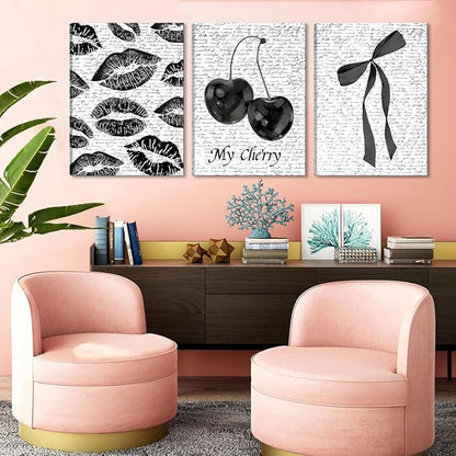 Black And White Canvas Wall Art Set of 3, Fashion Black White Lips And Cherry Posters Wall Decor, Trendy Aesthetic Bow Pictures Prints Paintings for Girls Bedroom Dorm Bathroom16x24in Framed