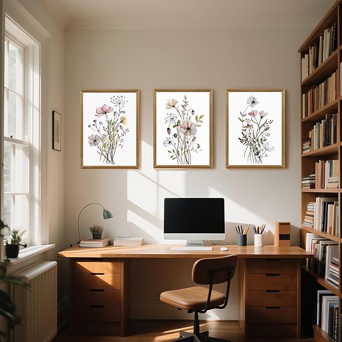 WRFON Framed Botanical Canvas Wall Art Set of 3, Watercolor Floral Prints, Framed Flower Wall Decor for Bedroom Bathroom Living Room, 16x24 Inch Each