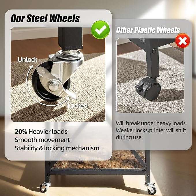 Extra Large Printer Stand, X-shaped Printer Stand with Storage, 2 Feet Width x 1.4 Feet Depth x 2.7 Feet Height, Mobile Printer Table with Wheels for Home Office, Printer and Shredder, Bearing 300 LBS