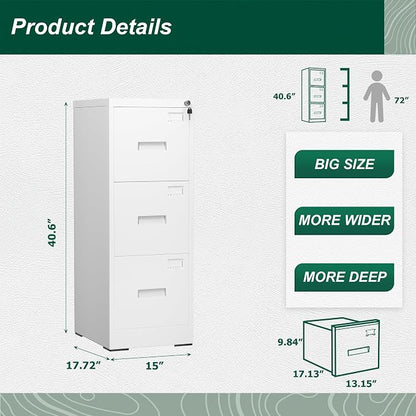 Superday 3 Drawer File Cabinets, 18” D Vertical File Cabinet with Lock, Locking Filing Cabinet for Home Office, White Metal Filing Cabinets for Hanging Letter/Legal Folders, Easy Assemble
