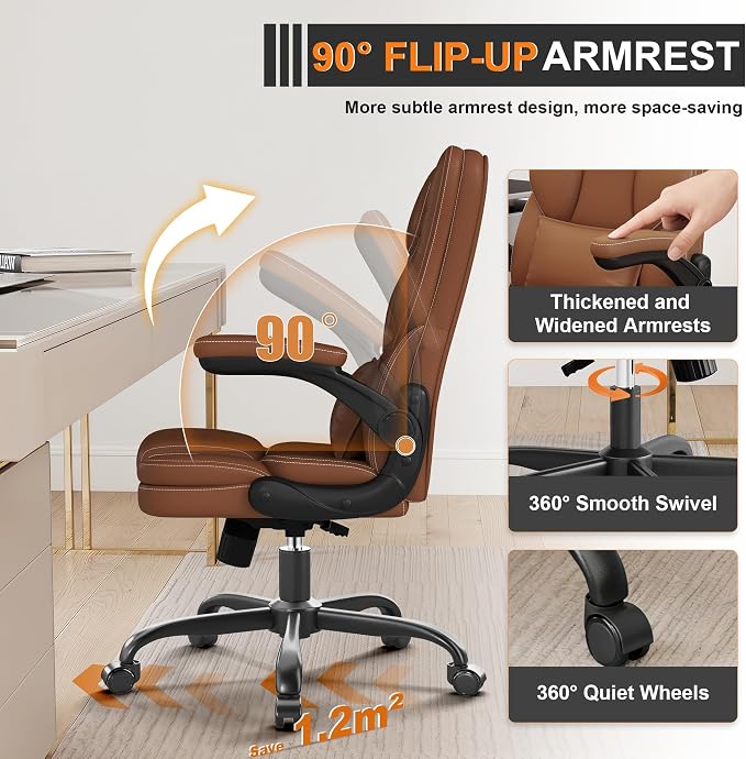 Ergonomic Office Chair with Flip-Up Armrests, Mid Back Executive PU Leather Desk Chair, Height Adjustable with Lumbar Support, Rocking & Swivel Computer Chair for Home Office