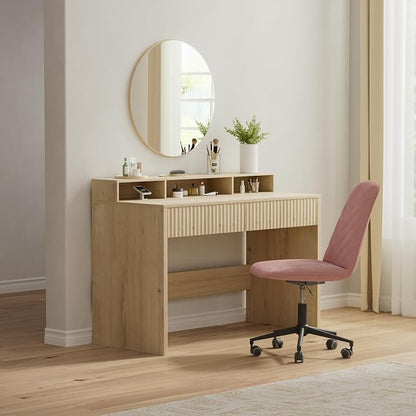 47" Executive Desk with Fluted Drawer, Modern Home Office Desk with Long Monitor Stand and 2 Drawers, Computer Writing Desk for Study Office Vanity, Light Oak