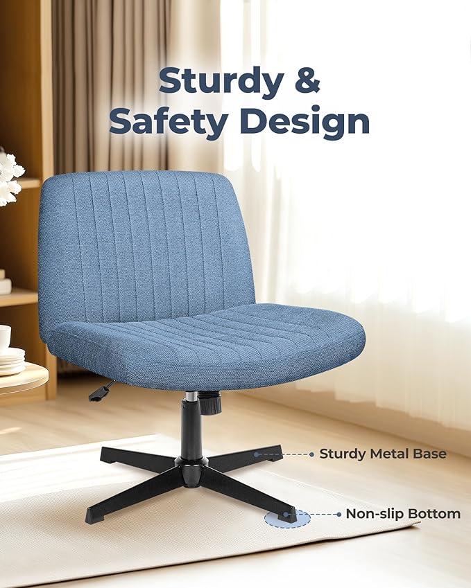 NEO Chair Criss Cross Chair No Wheels, Armless Cross Legged Office Desk Chair, Vanity Makeup Fabric Computer Comfy Adjustable Swivel Ergonomic Living Bedroom for Home Office (Fabric Blue)