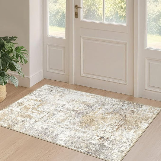 2x4 Rug Washable Runner Rug: Small Abstract Modern Non-Slip Soft Accent Doormat Stain Resistant Floor Throw Mat for Entryway Kitchen Bedroom Nursery Entry Dorm- Gray Gold